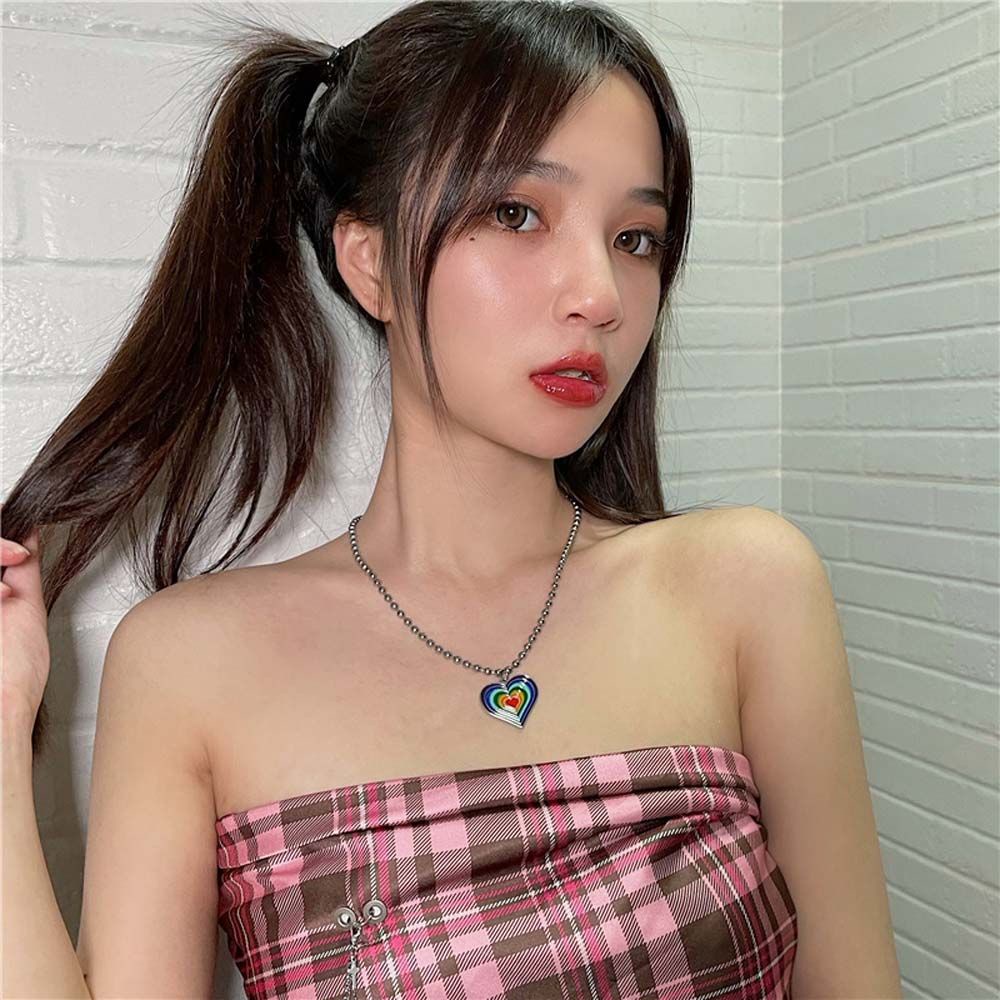 Vòng cổ hợp kim mặt trái tim màu cầu vồng thời trang Hàn Quốc đơn giản ngọt ngào cho nữ