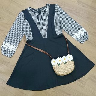 Đầm phối caro tay dài nơ cổ (kèm hình thật)