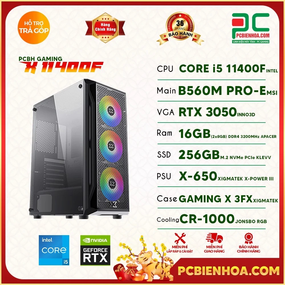 Bộ máy tính bàn PCBH GAMING 11400F ( CORE I5 11400F / B560M / RTX3050 / 16GB / 256GB ) 36T