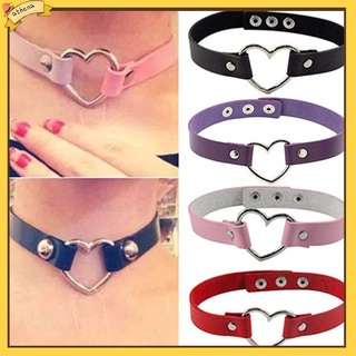ATH_Punk Gothic Faux Leather Love Hollow Heart Ring Collar Choker Women Necklace