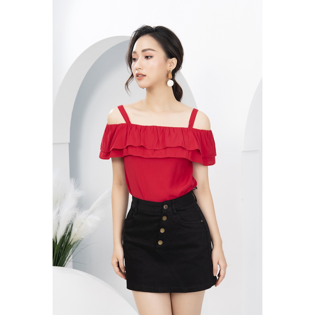 Áo Sơ Mi Nữ Trễ Vai Phối Bèo Luperi chất liệu lụa mát mềm mịn cho nàng đi chơi dạo phố LFSM1149