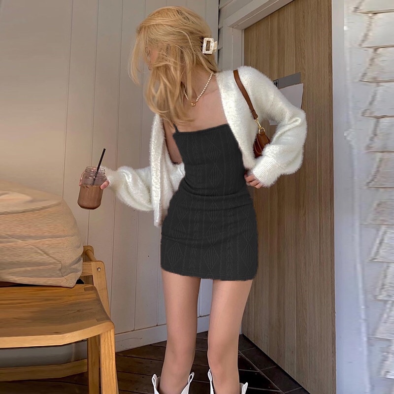Đầm Váy 2 Dây Nữ Dệt Kim Có Thể Phối Cùng Cardigan 4 Màu Hot Dễ Mặc