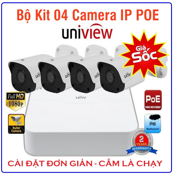 TRỌN BỘ KIT 4 Camera IP 2.0MP Full HD 1080P UNV PoE+ ổ cứng 500gb bảo hành 2 năm