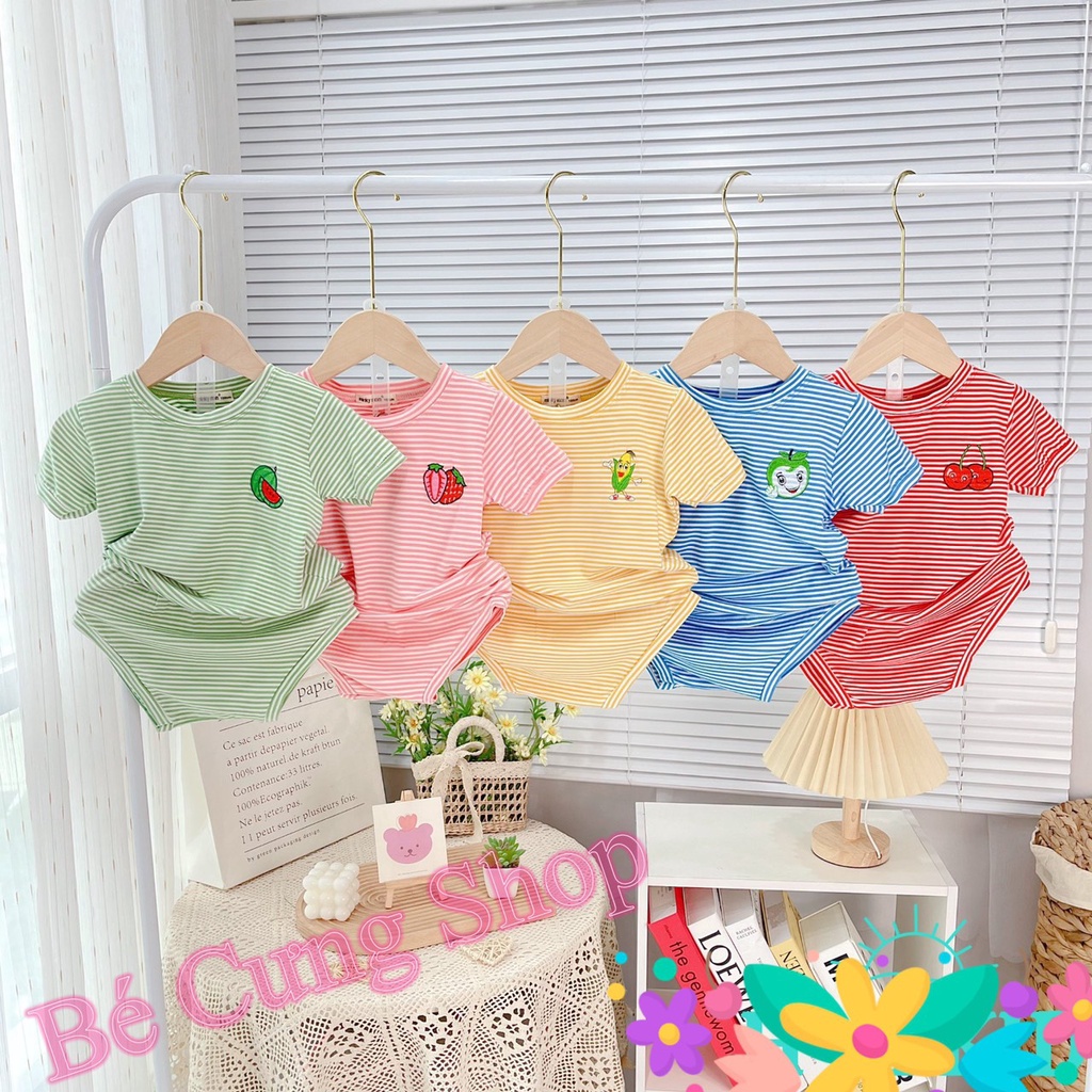 Bộ đồ cộc tay quần chip cho bé trai bé gái từ 5-16kg, mẫu sọc kèm họa tiết hình thêu trái cây