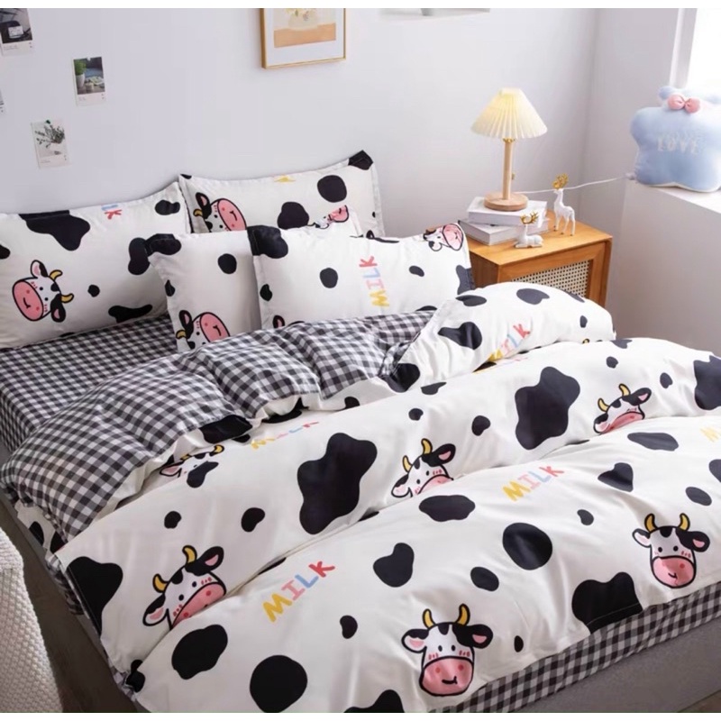 Bộ chăn ga giường cotton poly đáng yêu Suhali Shop, vỏ chăn mền, drap nệm và 2 vỏ gối