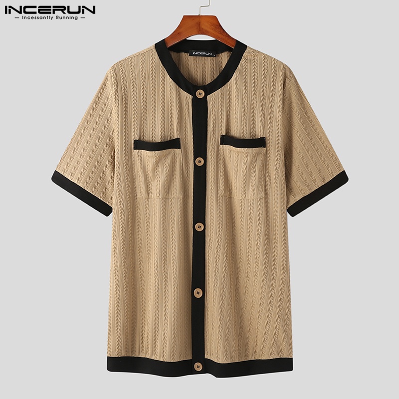 Áo sơ mi INCERUN tay ngắn cài khuy kiểu cổ điển cho nam