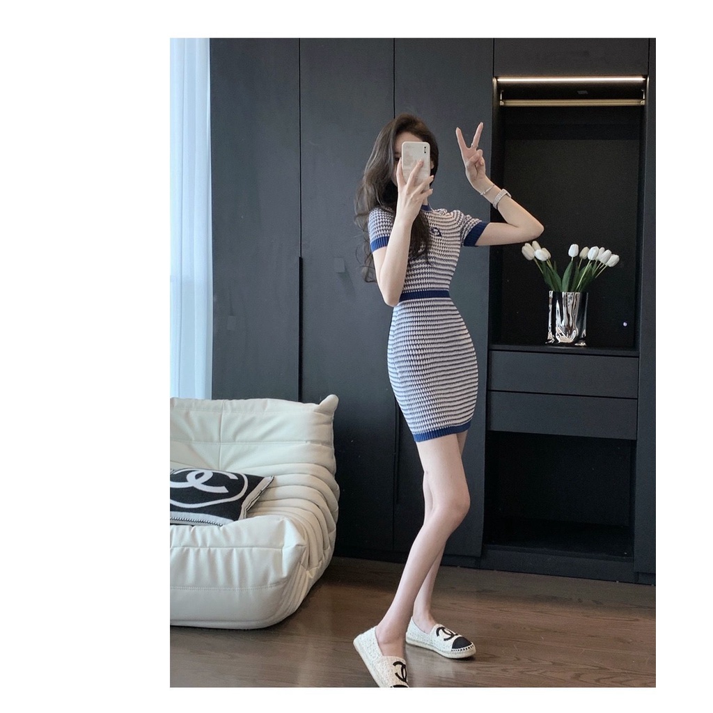 Đầm Dệt Kim Kẻ Sọc Thời Váy Chân Trang Cao Cấp Cho Nữ váy