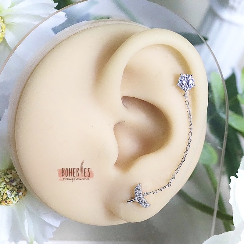 Boheries/Xỏ khuyên, khuyên tai dây nối 2 lỗ xỏ bằng bạc 925 không gỉ