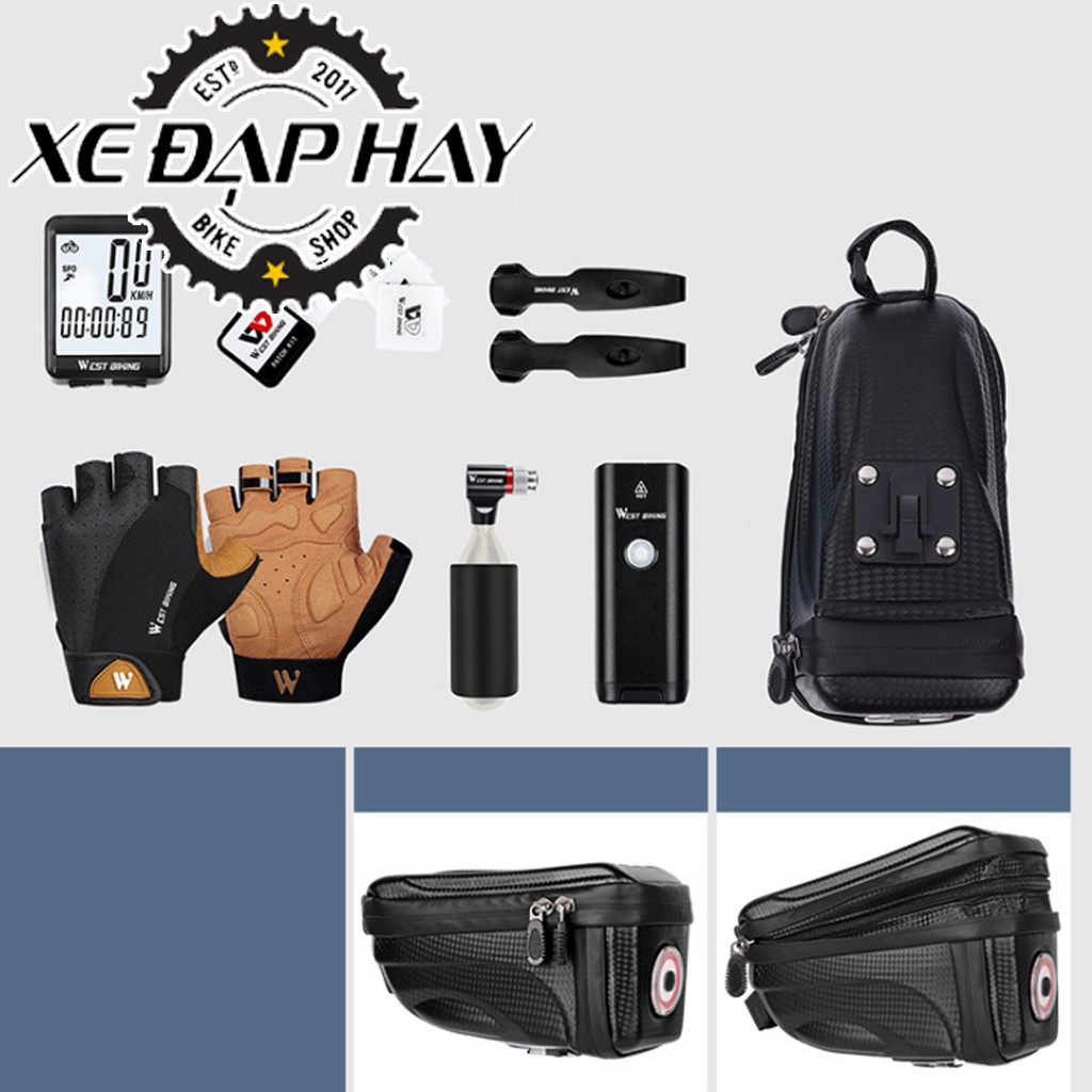 Túi Đựng Đồ BICYCLE BAG Gắn Yên Xe Đạp Kết Hợp Đèn Nháy Sau | Túi Bao Da Vân Carbon, Đèn Hậu Sạc Pin USB