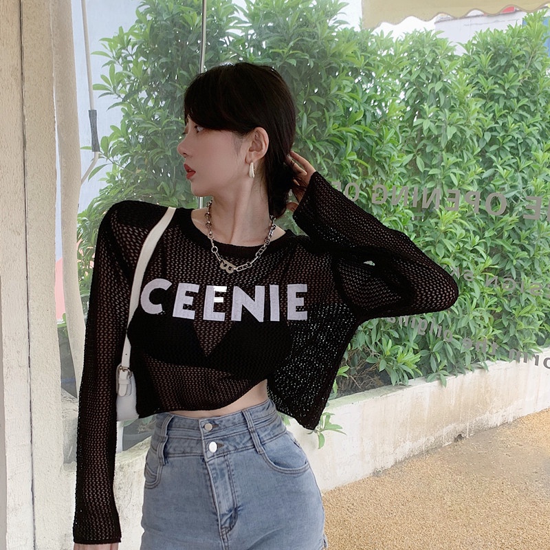 QKOOLE Áo đan len tay dài in họa tiết đơn giản phong cách Hàn Quốc thời trang cho nữ