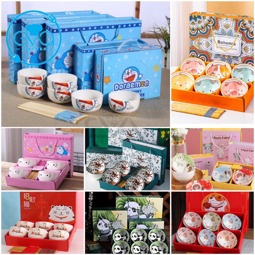 Bộ 6 Chén Sứ Hoạ Tiết Hoạt Hình Phong Cách Nhật Tặng Kèm 6 Đũa Hoa Cao Cấp