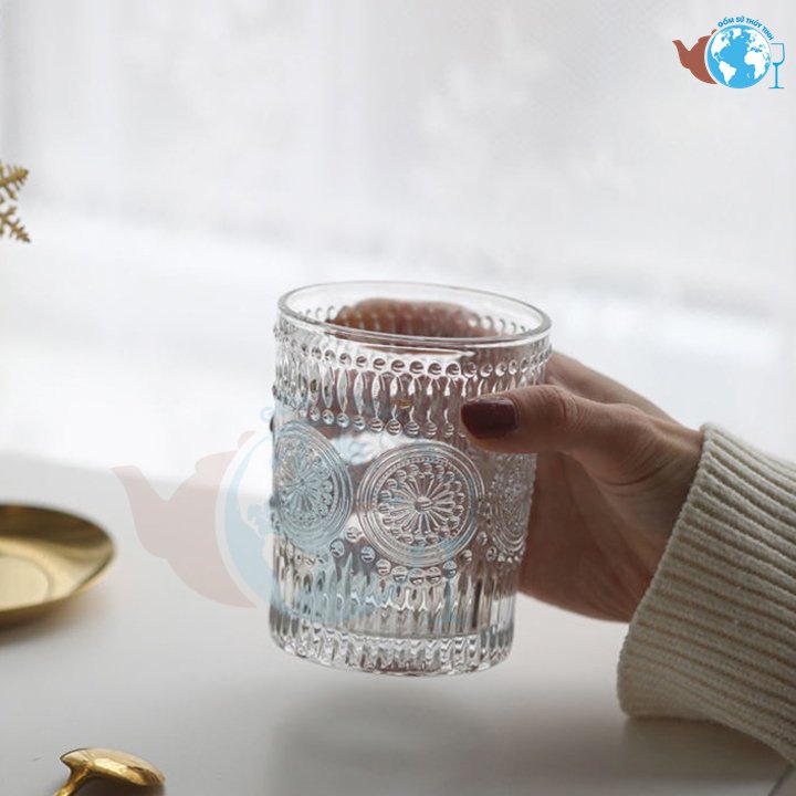 Ly thủy tinh pha lê Mặt trời cao cấp 300ml, cốc thủy tinh trắng hoa văn cao cấp phong cách Châu Âu