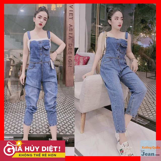 Quần Yếm Jeans Dài Nữ Chất Bò Phối Túi Kèm Cúc Trước Phong Cách Ulzzang Hàn Quốc - 424