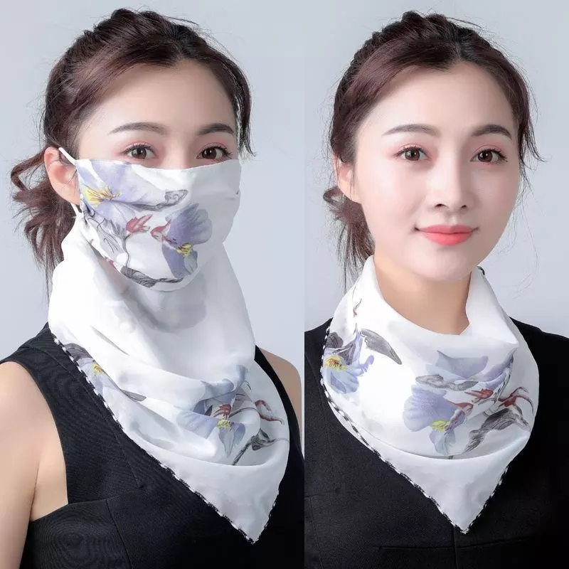 Unisex Adult Chiffon Printing Floral Quick-drying Breathable Cycling Scarf Half Face Mask/Reusable Seamless Neck Cover Ear Loops Bandana/Sunscreen Windproof Anti-dust Facemask