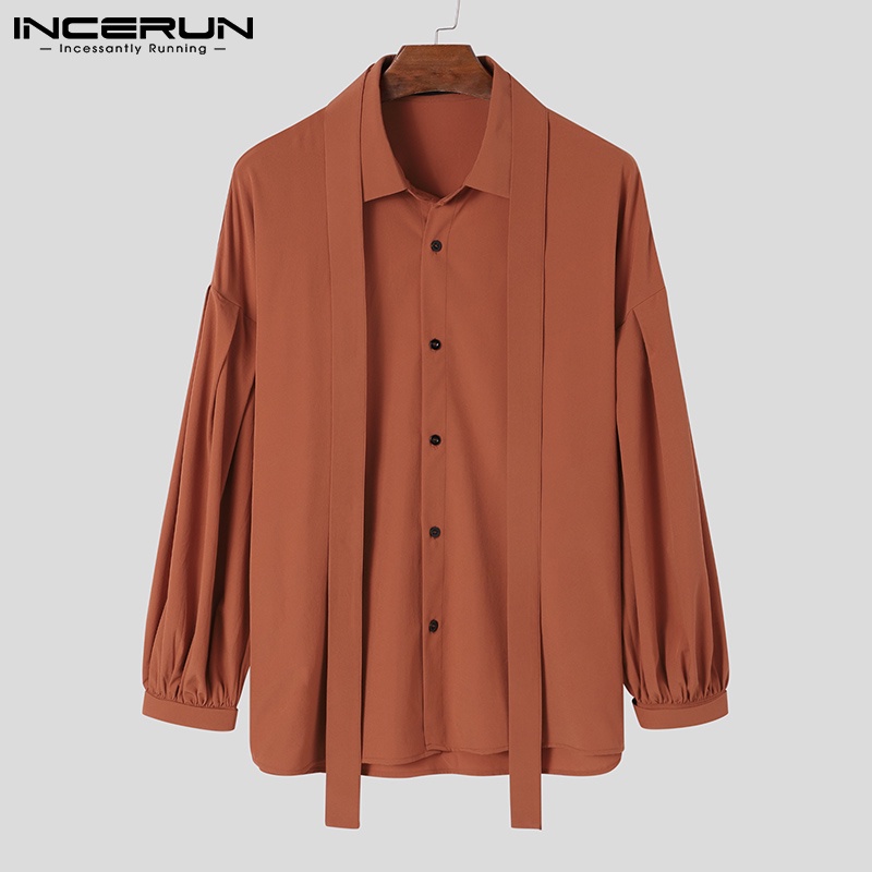 Áo sơ mi INCERUN tay dài phồng dáng rộng phối ruy băng phong cách xuân thu cho nam