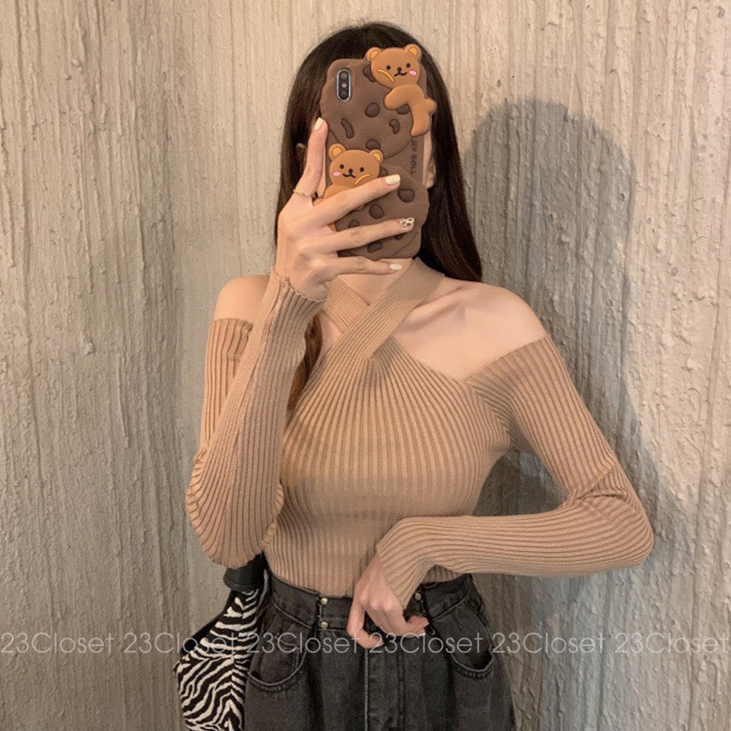 Áo len tăm tay dài trễ vai nữ 23Closet kiểu Hàn Quốc dáng dài hở vai cao cấp chất co giãn tốt  - ALTT01 | BigBuy360 - bigbuy360.vn