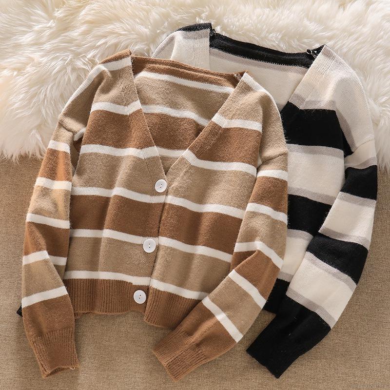 Áo khoác cardigan dệt kim cổ chữ V tay dài dáng rộng kẻ sọc phối nút thời trang cho nữ