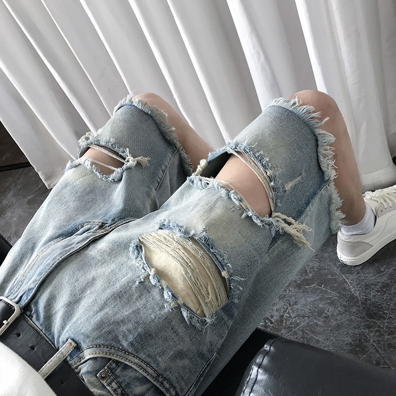 Quần Yếm Jeans Lửng Phối Vết Rách Cá Tính Cho Nam