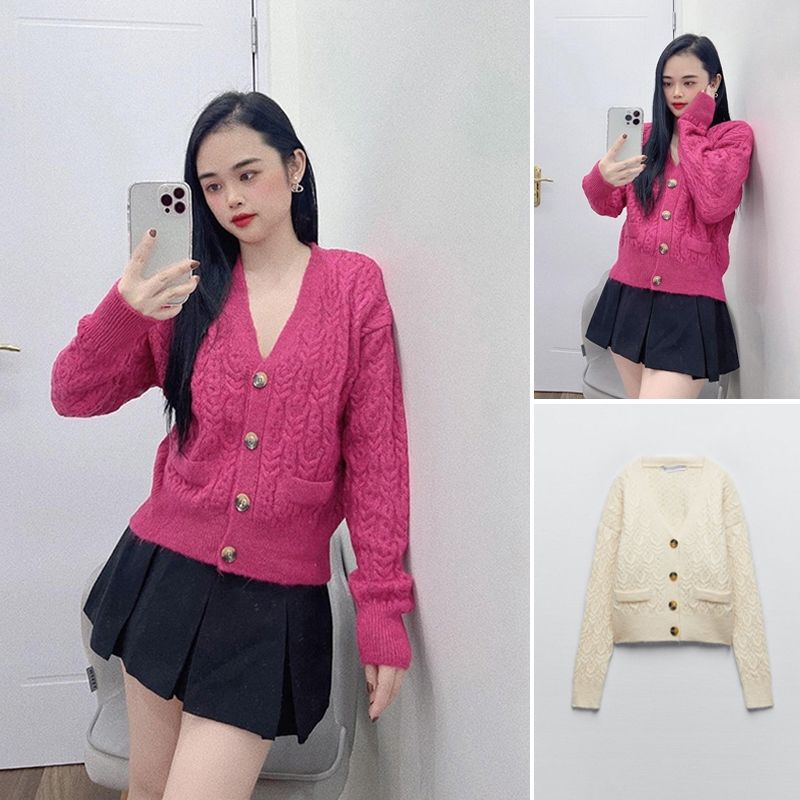 ÁO LEN CỔ V NÚT NÂU HÀNG ZR XUẤT XỊN