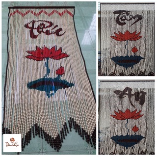 Rèm hạt gỗ bồ đề che cửa chính ban phòng thờ hoa sen chữ thư pháp Phúc, Tâm, An | HSC