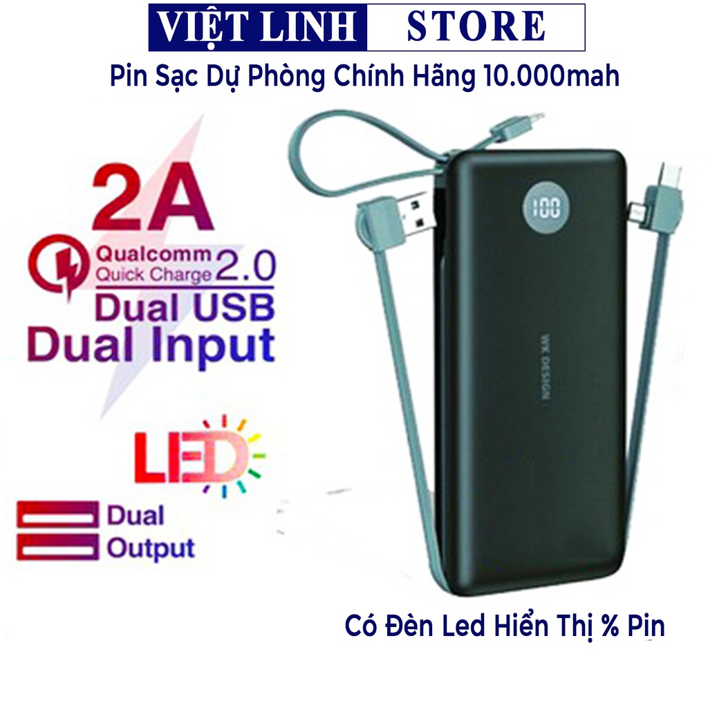 Pin sạc dự phòng 10000mah đa năng, WP-153 WK có LED đi kèm hiển thị pin - Việt Linh Store