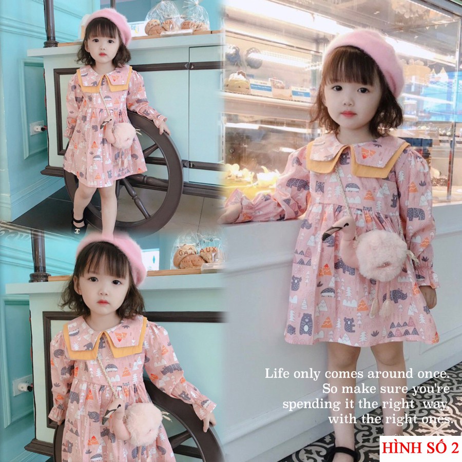 Váy baby doll cổ bích dài tay in hình cute cho bé