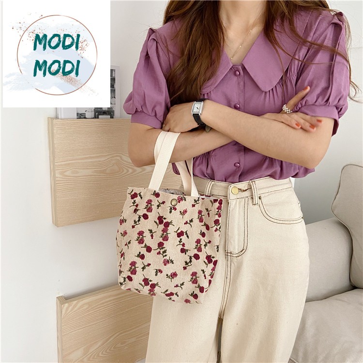 (Freeship từ 50k)MODI DM202- TÚI TOTE NHUNG IN HOA TƯỜNG VI SIZE VỪA 21CM