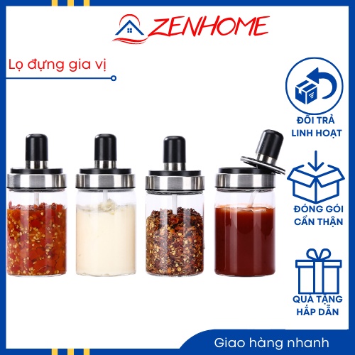 Lọ đựng gia vị thủy tinh hũ đựng gia vị có thìa đựng muối dầu ăn kèm muỗng cao cấp