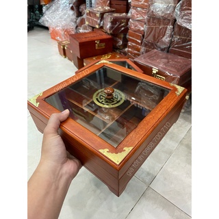 Khay đựng mứt tết bằng gỗ hương cao cấp vuông kính nắp bọc đồng - khay đựng bánh kẹo tết bằng gỗ -- ảnh thực tế