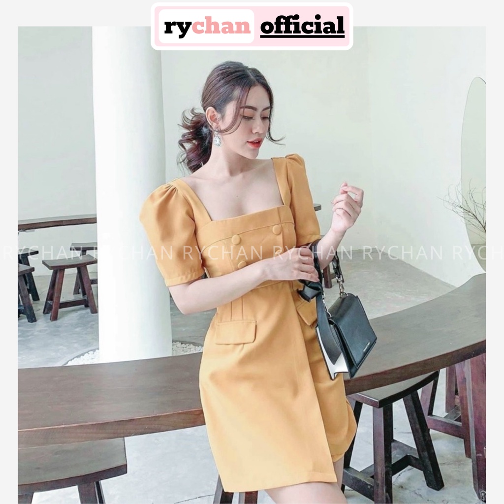 Đầm Nữ Đi Event Cổ U Tay Ngắn Phồng Nút Bọc Đắp Chéo Tà Thanh Lịch Hot Hit Màu Kem Vàng [ẢNH THẬT CUỐI] - DX9724