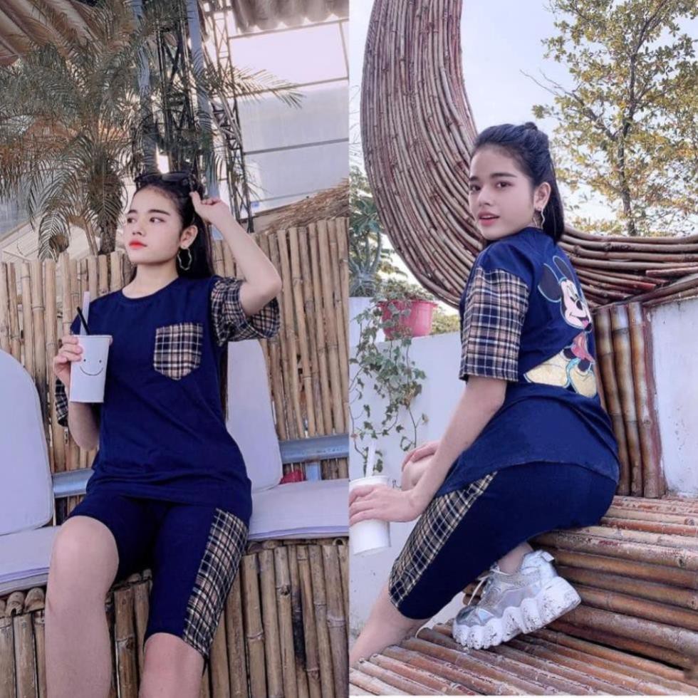 Đồ Bộ Nữ MIC06228 Đồ Bộ Mặc Nhà Chất Cotton Đẹp Hình In Mickey Sọc Ca Rô 2 Bên Size 40KG - 80KG | BigBuy360 - bigbuy360.vn