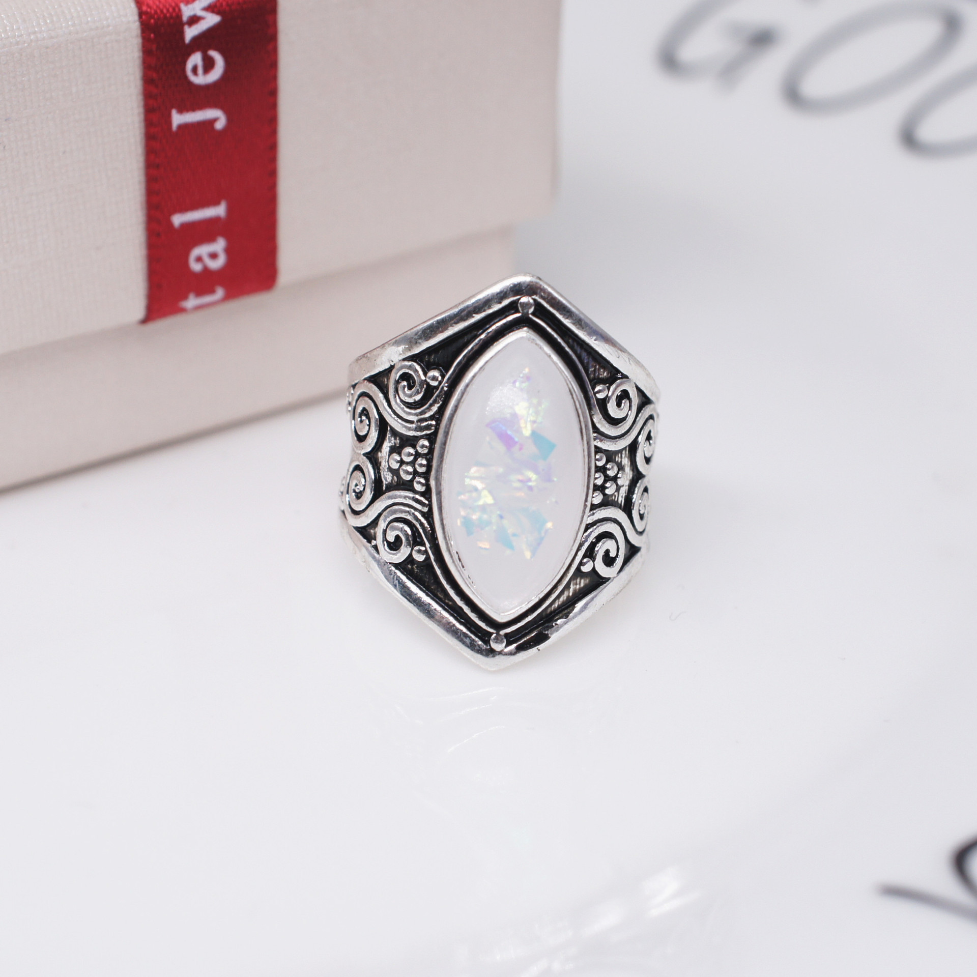 New European and American classic punk style. Moonstone Thai Silver Ring exaggerated