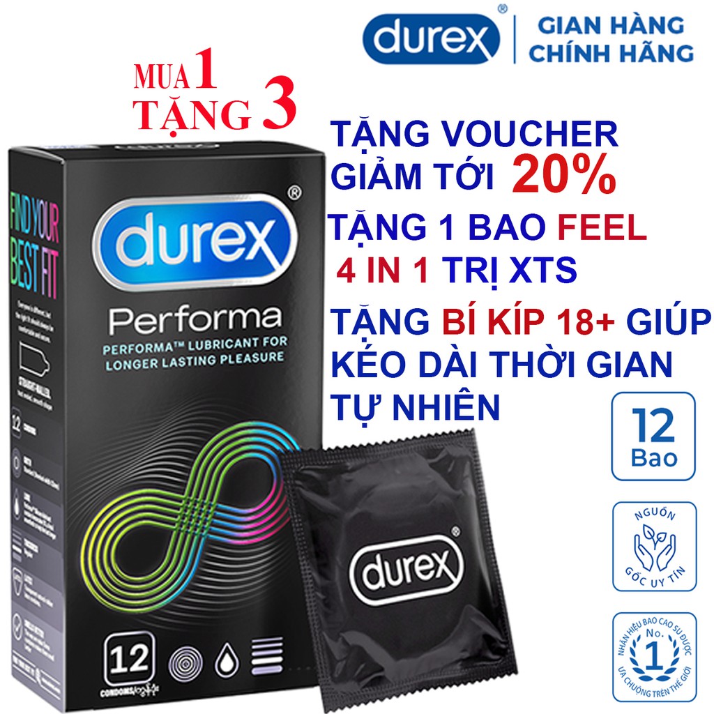  Bao sao su Durex Performa ⚡CHÍNH HÃNG⚡ 12 Bao - Bao Cao Su kéo dài thời gian quan hệ