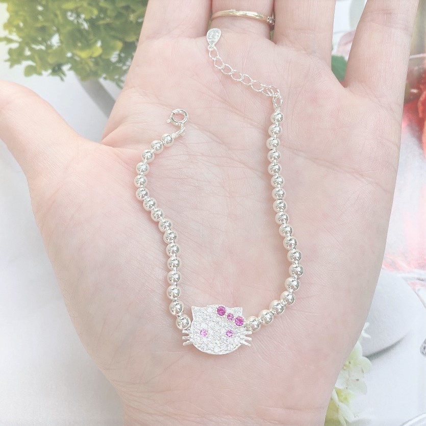 Lắc tay bi bạc hình mặt mèo cho bé gái, Vòng tay chất liệu bạc ta cao cấp
