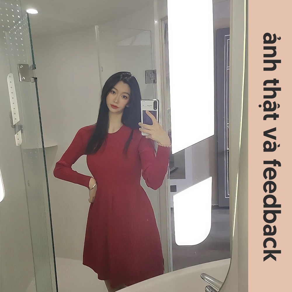 Váy / đầm len dáng xòe dài tay ôm dáng cổ tròn dày dặn ấm áp thời trang thu đông V00188