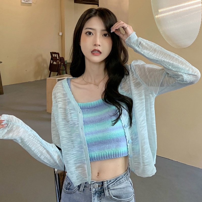 Áo Croptop Dệt Kim Sát Nách Kẻ Sọc Cầu Vồng Thời Trang Mùa Hè Cho Nữ