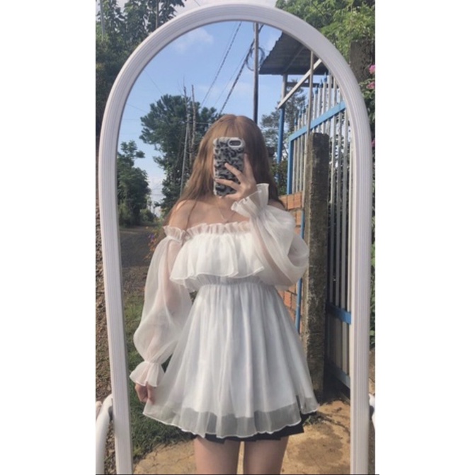 Áo váy babydoll trắng bánh bèo JULYF - Đầm mini trễ vai tay dài bồng bánh bèo tiểu thư, học sinh hàn quốc ulzzang