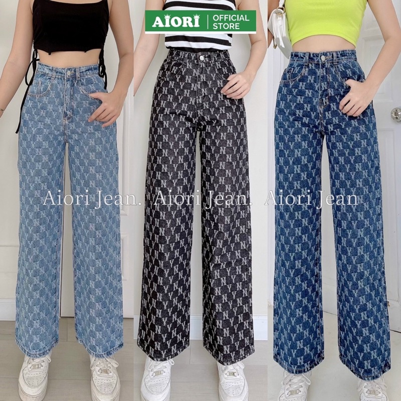 [CAO CẤP - ĐỦ 3 MÀU] Quần Jean Ống Đứng AIORI Lưng Cao Họa Tiết NY Thời Trang Hàn Quốc_Mã E003