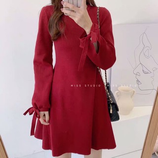Ulzzang Váy len ép tay nơ dáng xoè M154-1