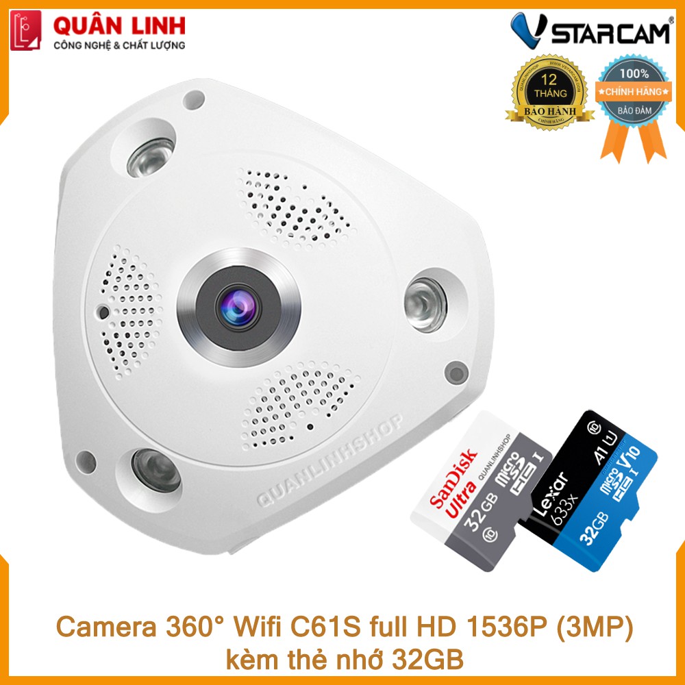 Camera Wifi IP Vstarcam C61s Full HD 1536P ốp trần, góc rộng 360 độ kèm thẻ 32GB