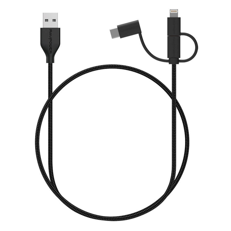 Dây Cáp Sạc 3 Trong 1 RAVPower ( MFi Cho ip,Type C,Micro USB) 0.9m RP-CB021