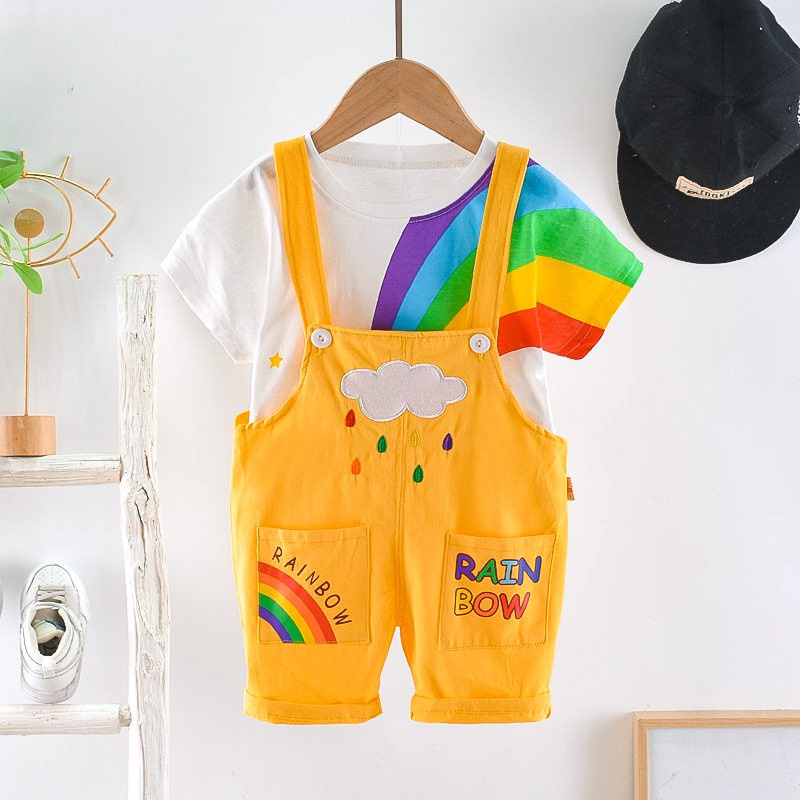 Bộ Trang Phục Mùa Hè Năm 2021 Gồm Áo Thun Cotton Họa Tiết Cầu Vồng Hoạt Hình Và Quần Yếm 2Psc Cho Bé Gái Sơ Sinh 0-
