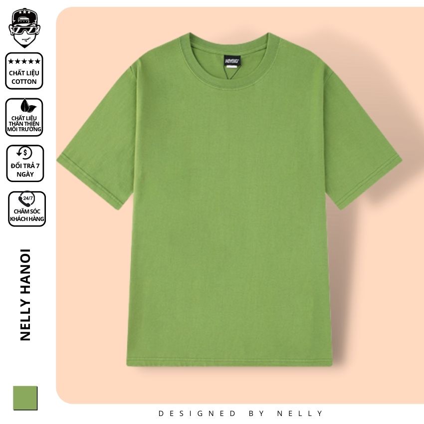 Áo thun tay lỡ NELLY phông Unisex nam nữ oversize form rộng xanh lá cây trơn