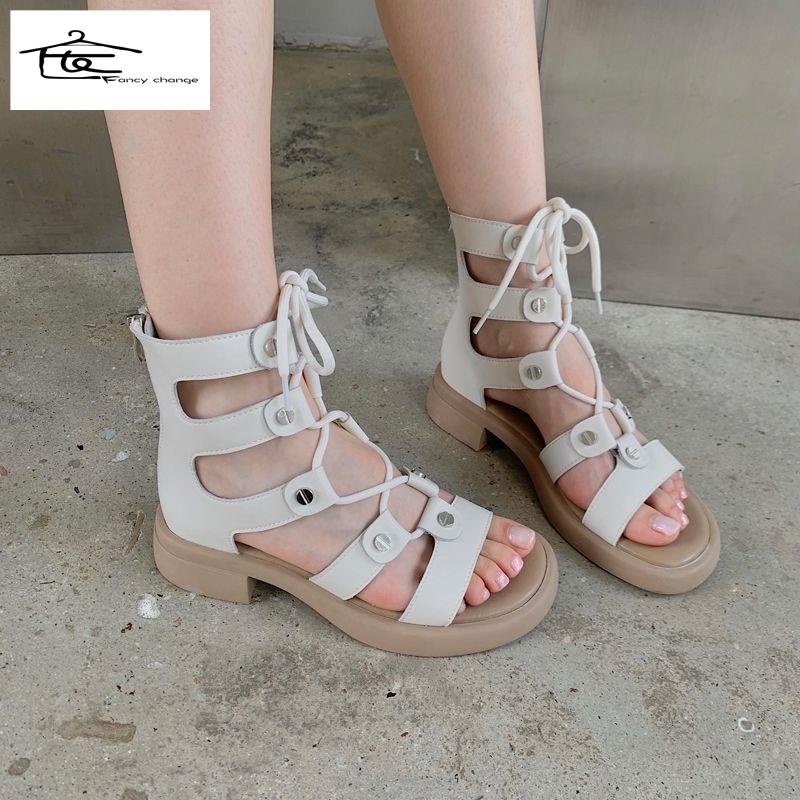 Giày Sandal Đế Bằng Dày Dặn Buộc Dây Phong Cách La Mã Hàng Mới Dành Cho Bạn Nữ 2022