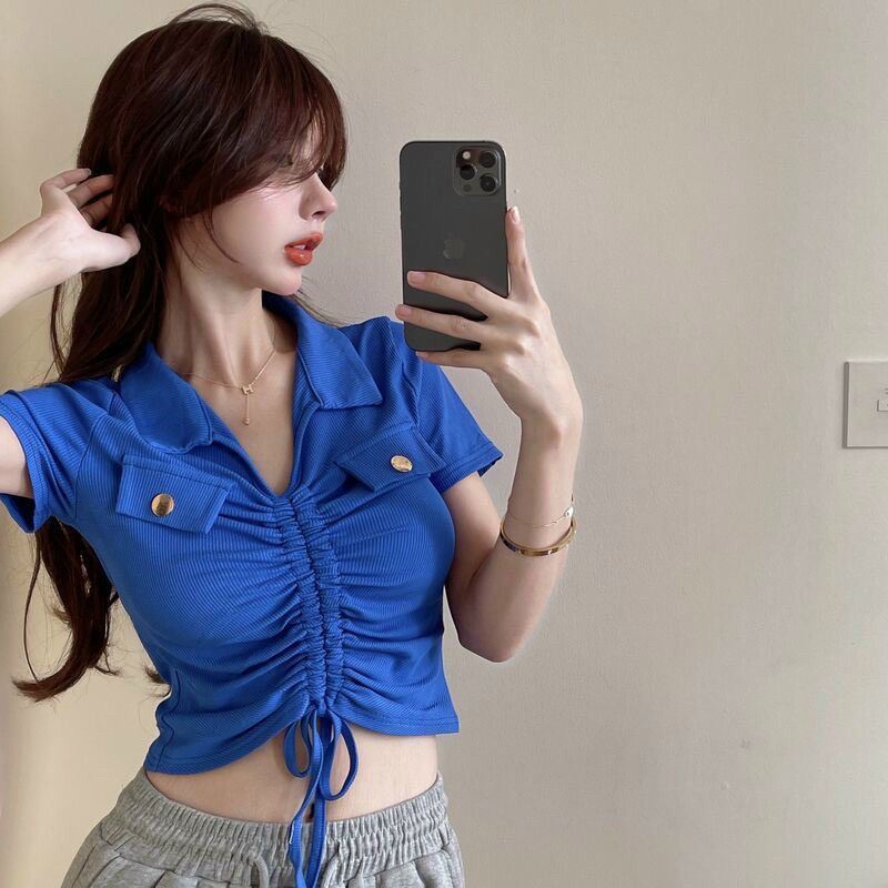 Áo thun nữ cổ bẻ phối 2 túi rút dây giữa siêu hot(A15