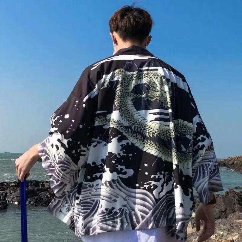 Áo khoác kimono mỏng dáng rộng in họa tiết Ukiyo-e thời trang hè cho nam