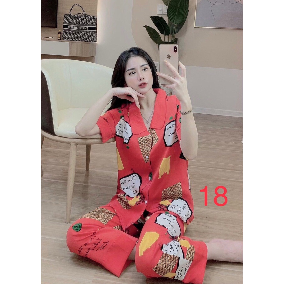 Bộ ngủ pyjama cổ sen tay cộc quần dài vải kate không nhăn
