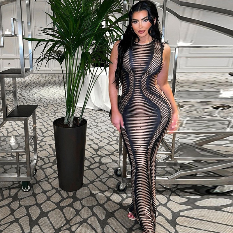 Đầm Dự Tiệc Không Tay Hở Lưng Họa Tiết Kẻ Sọc Đính Đá Lấp Lánh Thời Trang Cho Nữ