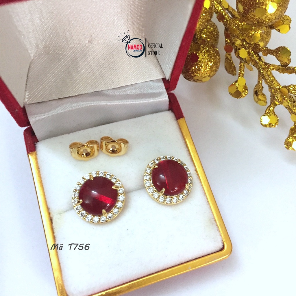 Khuyên Tai Đá Đỏ T756 Nút Nụ Bền Màu Bảo Hành 6 Tháng