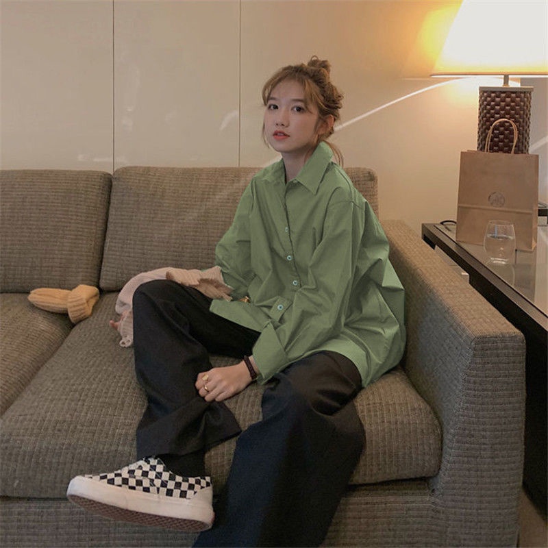 Áo sơ mi cho nữ tay dài dáng rộng phong cách Hàn Quốc